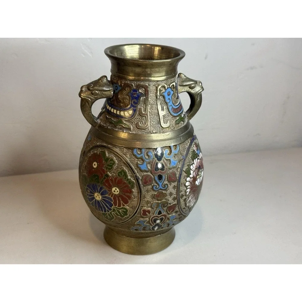 Vintage Japanese Champleve Enamel Brass Bronze Vase Urn Dragon Handle Antique